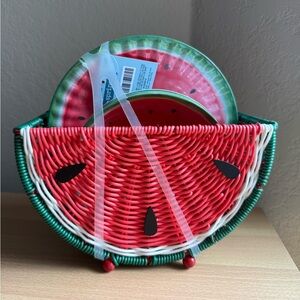 Watermelon Summer Combo Melamine Plastic 4 Bowls & 4 Plates Basket Holder Picnic